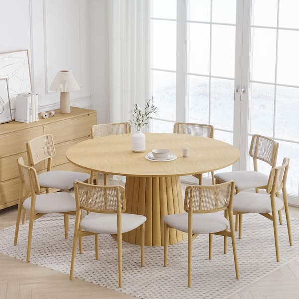 Lirago Cone Natural Colored Wood 60" Column Base Wide Strip Straight Edge Dining Table for 8