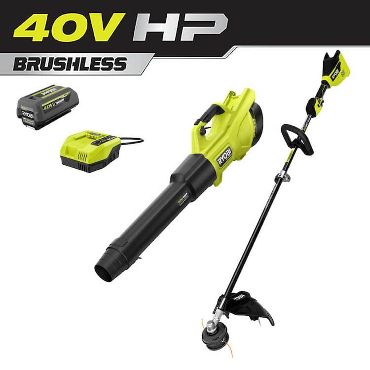 RYOBI 40V HP Brushless 600 CFM 155 MPH Cordless Leaf Blower and Carbon Fiber String Trimmer with 4.0 Ah Battery and Charger
