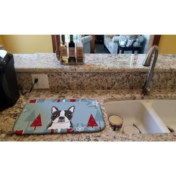 Caroline's Treasures 14 in. x 21 in. Multicolor Winter Holiday Boston Terrier Dish Drying Mat