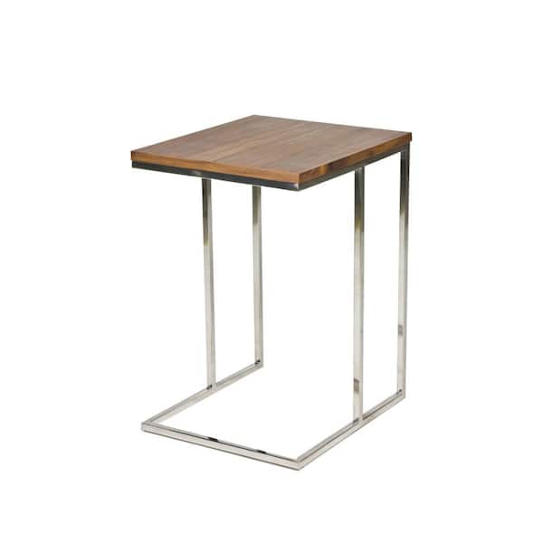 Benjara 15 in. Brown and Chrome Square Wood Top End/Side Table with Tray Top