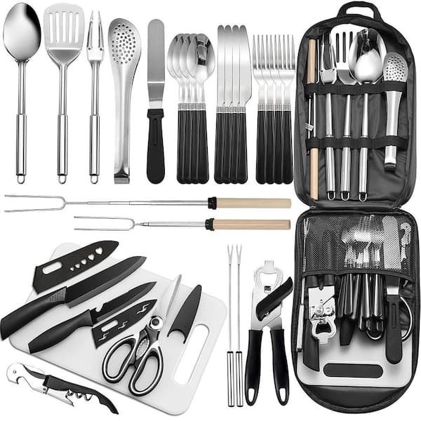 27-Piece Stainless Steel Outdoor Cookware Set in Black, Portable Camping Kitchen Utensil Set, Grilling Utensil Set
