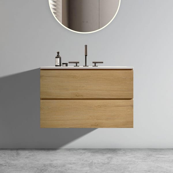 30 in. W x 18 in. D x 21 in. H Single Sink Wall-Mounted Bath Vanity in Natural Oak with White Ceramic Top