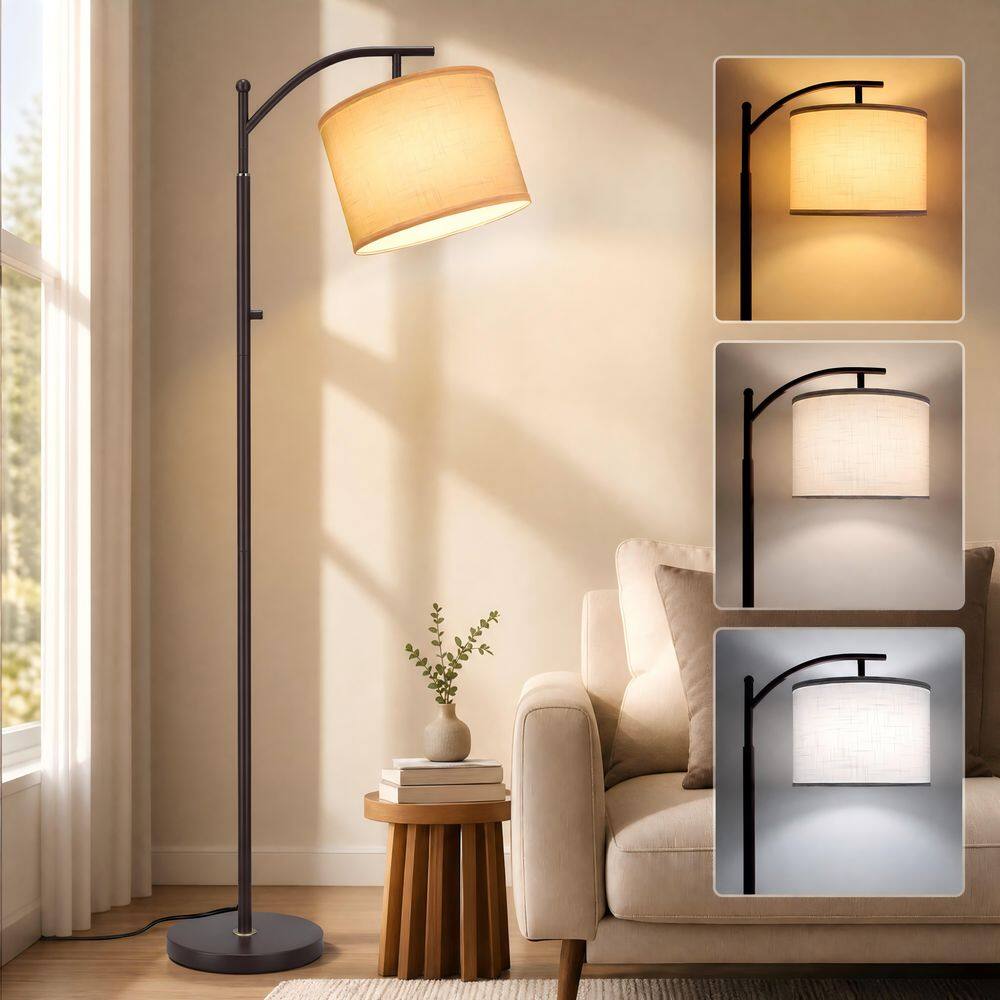 63 in. 3 Color Temperatures Brown Adjustable Arched/Arc Floor Lamp with White Linen Texture Shade price history on PriceWatchPro