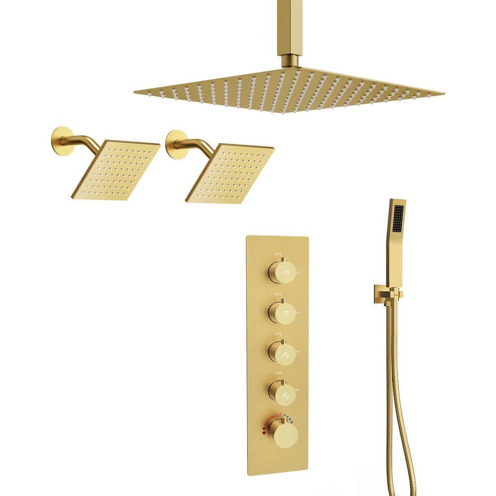 5 Handles Thermostatic Valve 15-Spray 16 x 6 x 6 in. Ceiling Mount Dual Shower Head and Handheld Shower in Brushed Gold price history on PriceWatchPro