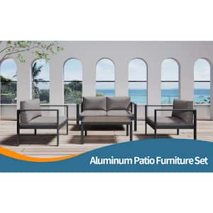 Modern 4-Piece Aluminum Patio Conversation Set with Cushion Guard in Black Cushions, Sofa Patio Garden Outdoor