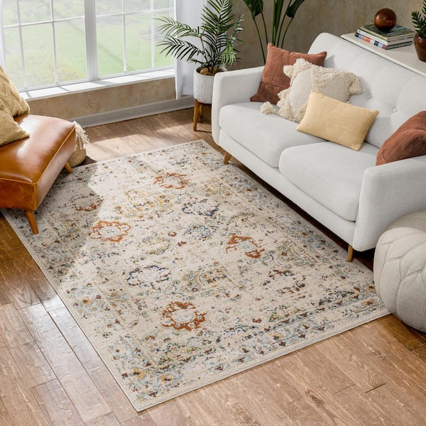 Omaha Kian Vintage Global Oriental Cream 5 ft. 3 in. x 7 ft. 3 in. Area Rug