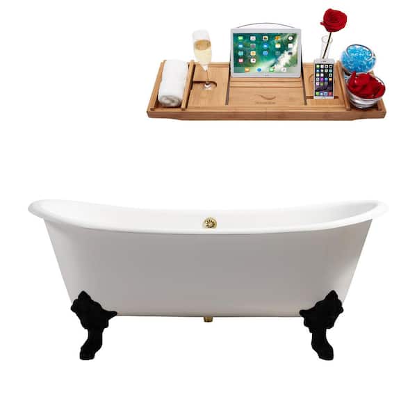 Streamline 72 in. x 31 in. Cast Iron Clawfoot Soaking Bathtub in Glossy White with Matte Black Clawfeet and Polished Gold Drain