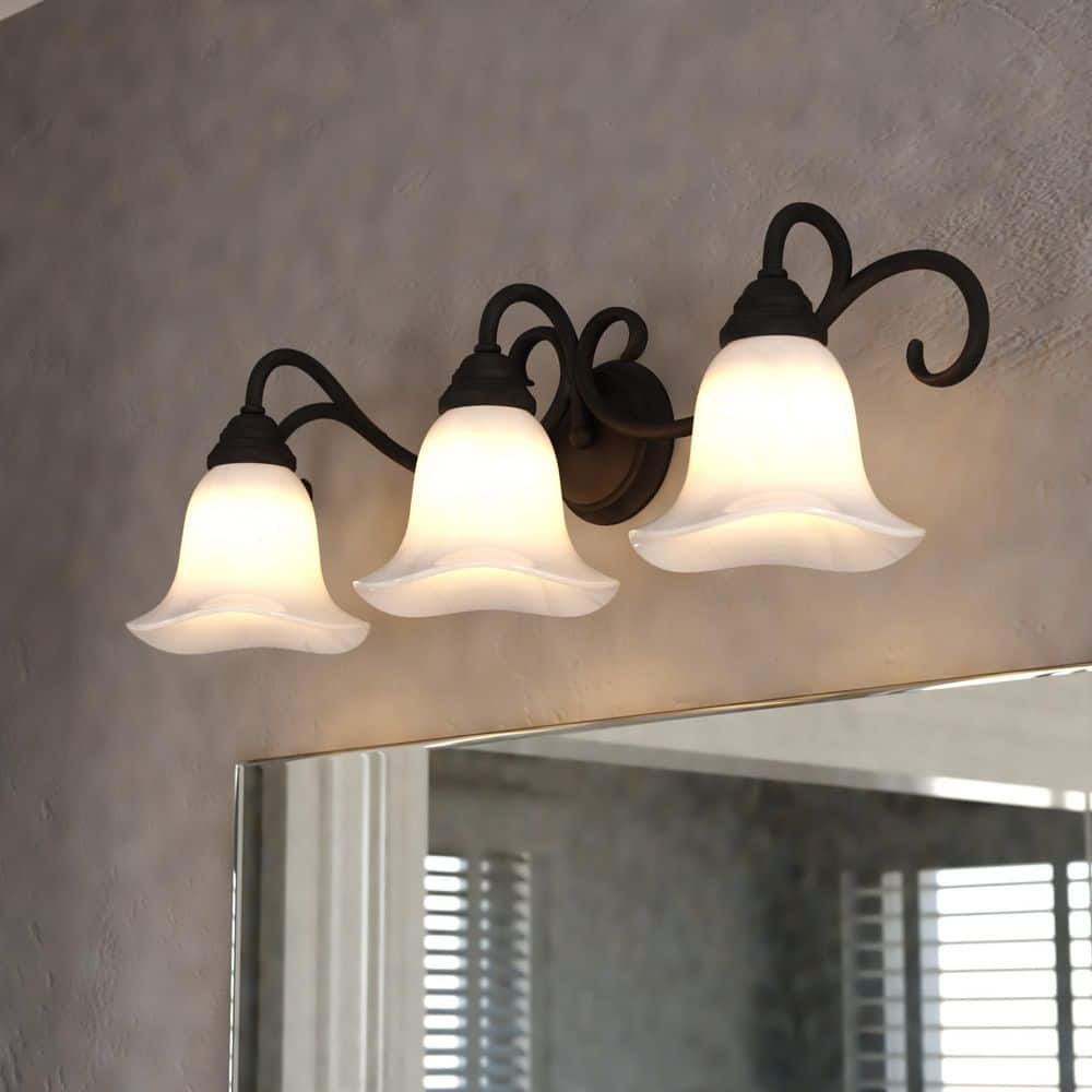 Bella 28.25 in. Wide 3-Light Matte Black Bathroom Vanity Light Fixture, White Alabaster Glass Shade, Dimmable price history on PriceWatchPro