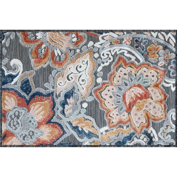 Tayse Rugs Tropic Floral Gray 2 ft. x 3 ft. Indoor/Outdoor Area Rug