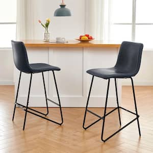 Olive 27.2 in. Blue Low Back Metal Frame Counter Height Bar Stool with Faux Leather Seat (Set of 2)