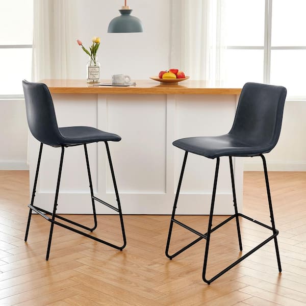 Spruce & Spring Olive 27.2 in. Blue Low Back Metal Frame Counter Height Bar Stool with Faux Leather Seat (Set of 2)