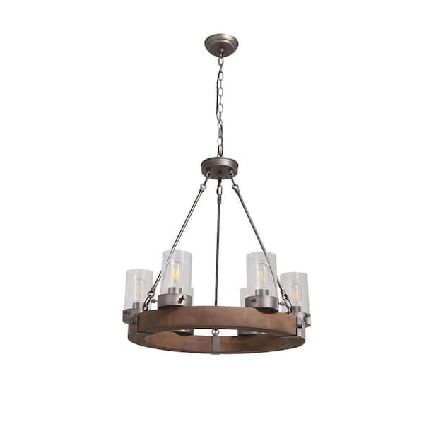 HUOKU Anillo Farmhouse Aged Silver Metal Brown Wood Wagon Wheel 6-Light Rustic Chandelier with Seed Glass Shades for Foyer