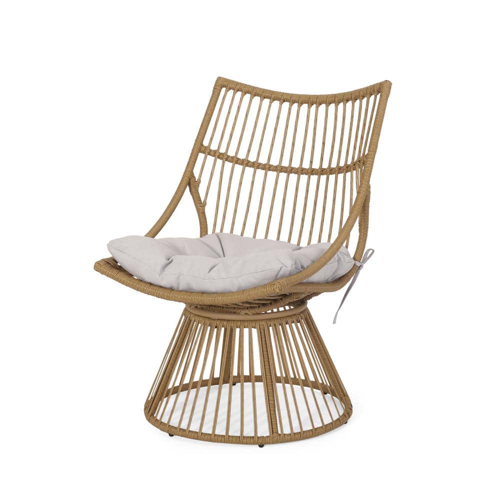 Set of 2 Beige Cushioned Light Brown Iron Wicker Lounge Chairs