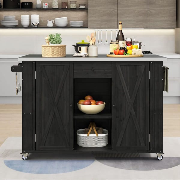 Black Wood 52 in. Indoor Outdoor Kitchen Island Cart Grill Cart with Stainless Steel Top and a Bottle Opener