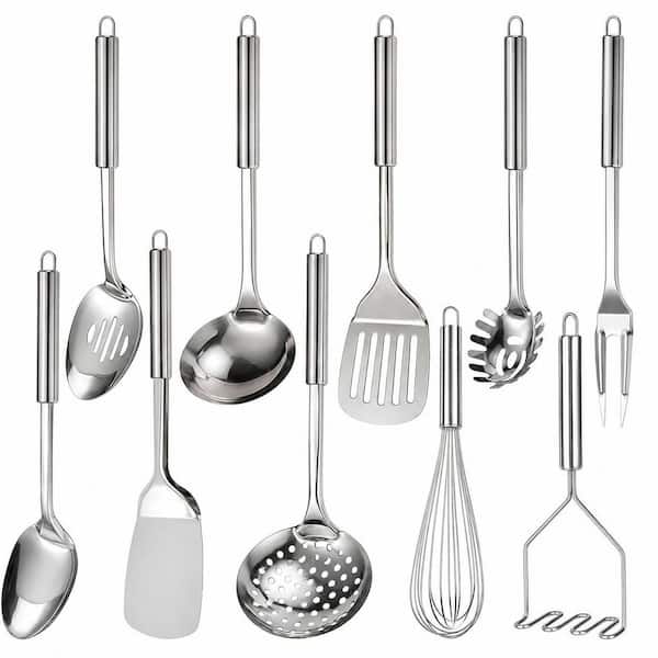 Stainless Steel Kitchen Utensil Set with 10 Cooking Tools, Heat Resistant Handles and Utensil Holder