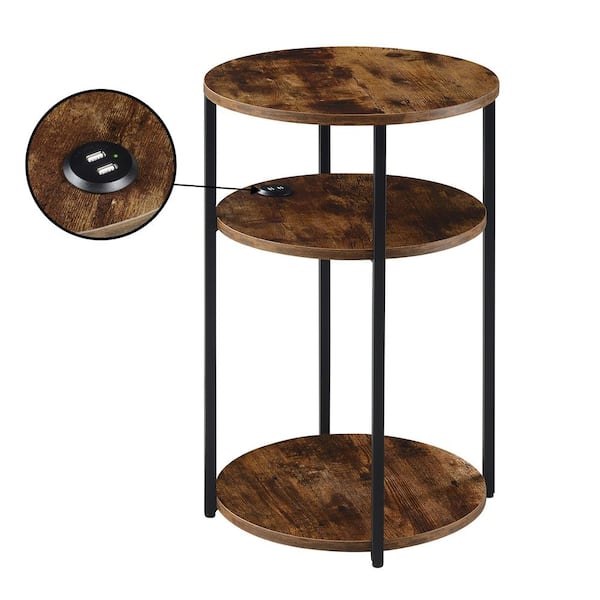 Convenience Concepts Designs2Go Simon 15.75 in. W Barnwood/Black Round Wood 3 TIer End Table with USB Ports