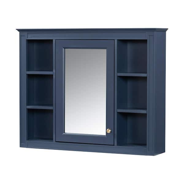 35.03 in. W x 27.50 in. H Blue Rectangular Wood Medicine Cabinet with Mirror with 6 Open Shelves