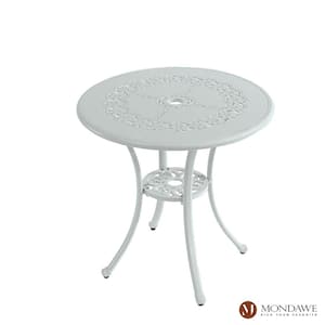 Round White Cast Aluminum Standard Height Outdoor Patio Bistro Table with Umbrella Hole
