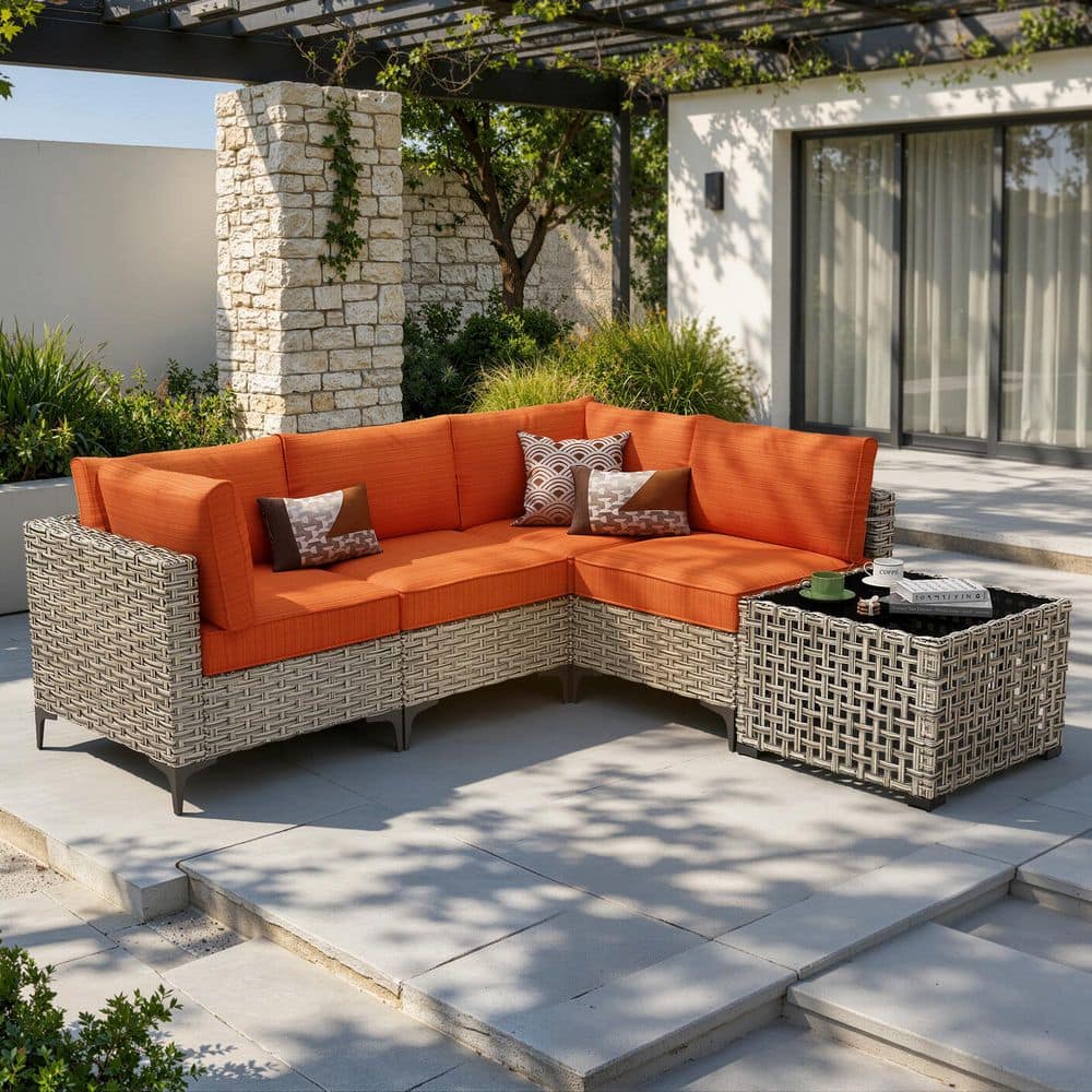 Melly Gray 5-Piece Wicker Patio Conversation Seating Set with Orange Red Cushions and Solar LED Coffee Table