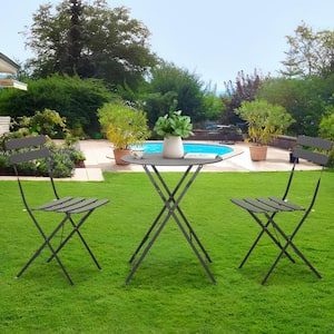 Gray 3-Piece Rust Resistant Metal Outdoor Bistro Set with Beige Cushions, Foldable and Portable