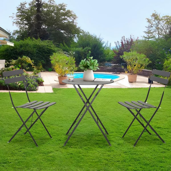 Unbranded Gray 3-Piece Rust Resistant Metal Outdoor Bistro Set with Beige Cushions, Foldable and Portable