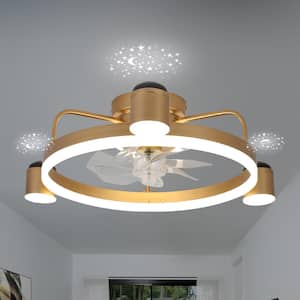 28 in. Integrated LED Indoor French Gold Starry Night Smart App Control Flush Mount Low Profile Ceiling Fan With Light