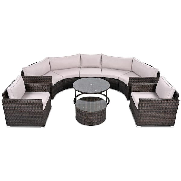 9-piece Wicker Outdoor Sectional, Half-Moon Sectional Sets, Modern Style Sofa with Brown Wicker, Beige Cushions