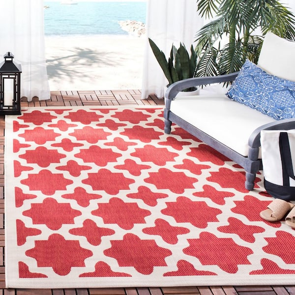 Courtyard Red/Bone Doormat 3 ft. x 5 ft. Geometric Indoor/Outdoor Patio Area Rug