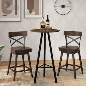 24 in. Brown Set of 4 Metal Wooden Swivel Bar Stools Counter Height Kitchen Chairs with Back