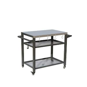 Gray 3-Shelf Outdoor Grill Table, Grill Cart with Wheels, Hook up and Handle