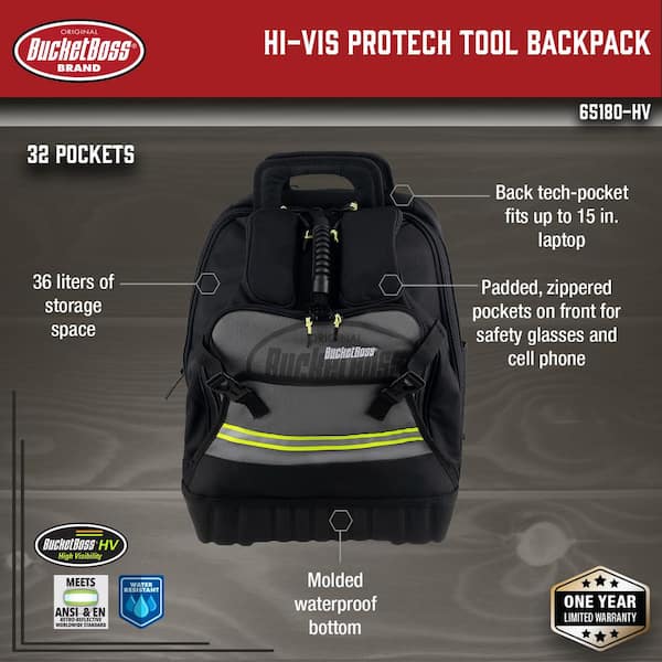 14 in. Heavy Duty High Visibility Protech 32-Pocket Tool Bag Backpack