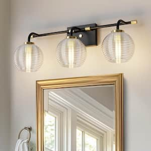 25 in. 3-Light Black Vanity Light with Globe Clear Glass Shades for Bathroom, Mirror, Living Room