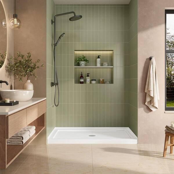 54 in. L x 32 in. W Acrylic Single Threshold Alcove Shower Pan Base in White with Center Drain, 2.5 in. Low Threshold