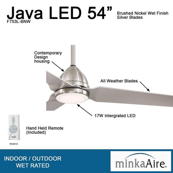 Minka Aire F753-bnw Java Brushed Nickel Wet 54" Outdoor Ceiling Fan With Remote for sale online 