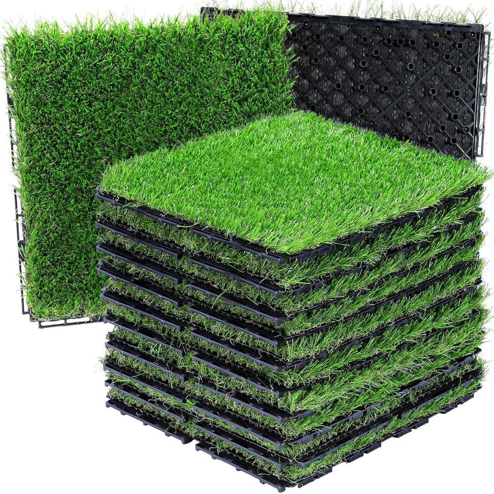 Afoxsos 12in. Green Artificial Grass Tiles Interlocking Turf