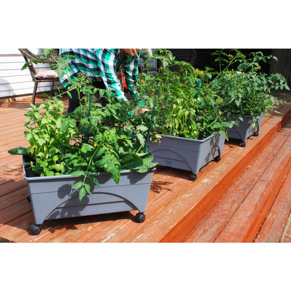 Slate Gray Resin Mobile Raised Garden Bed with Casters