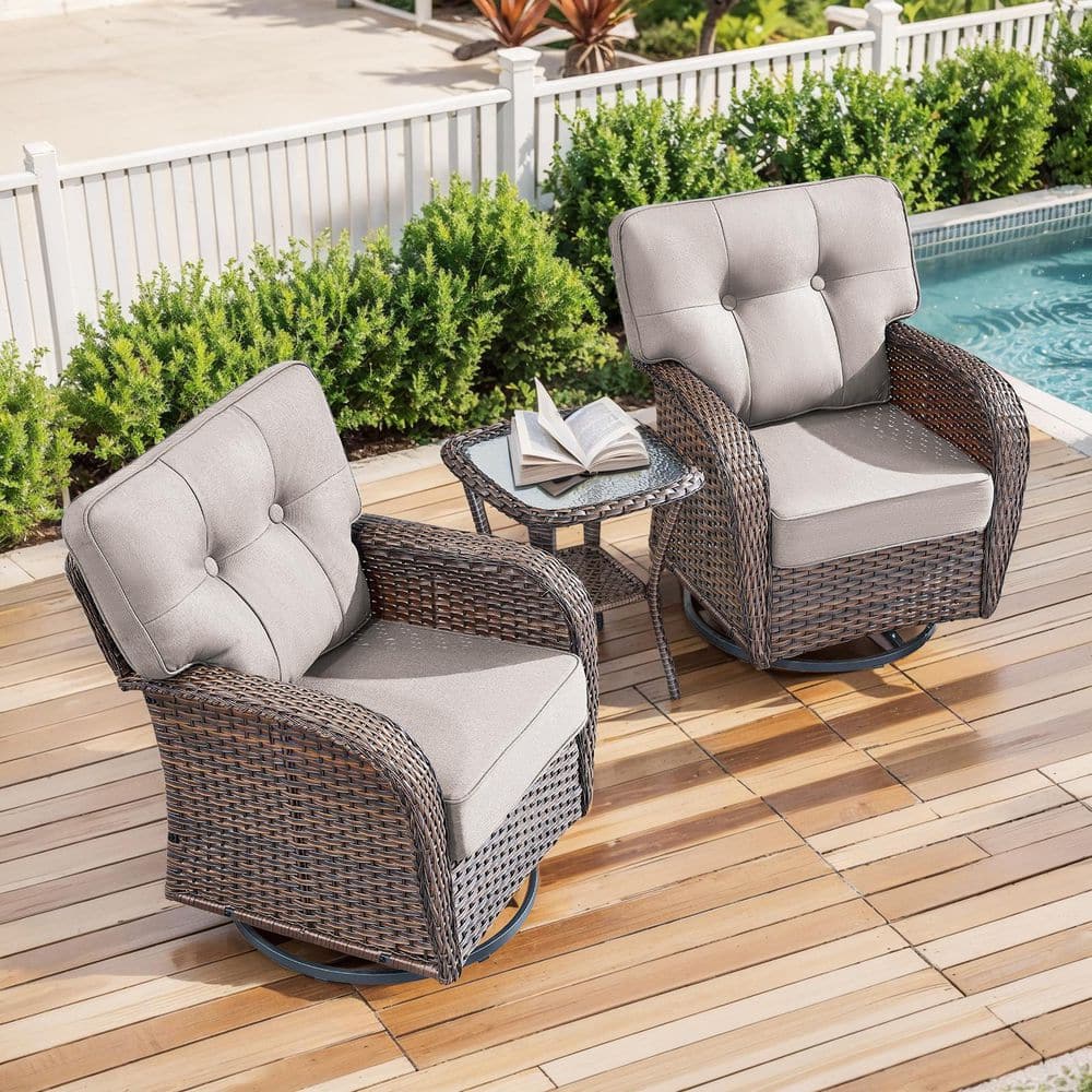 Brynn 3-Piece Brown Swivel Glider Wicker Outdoor Rocking Chairs with Beige Cushions and Side Table price history on PriceWatchPro
