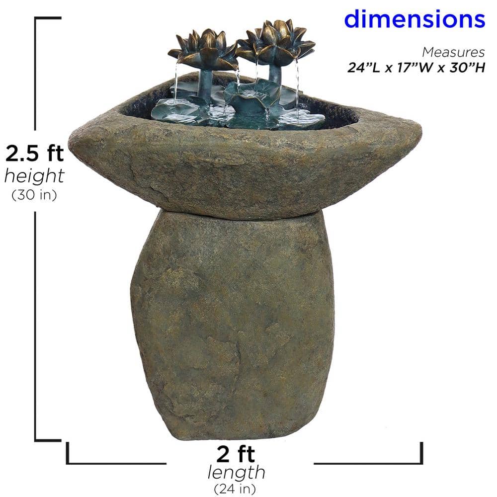 Solar Powered Brown Polyresin Lotus Rock Fountain with LED Lights