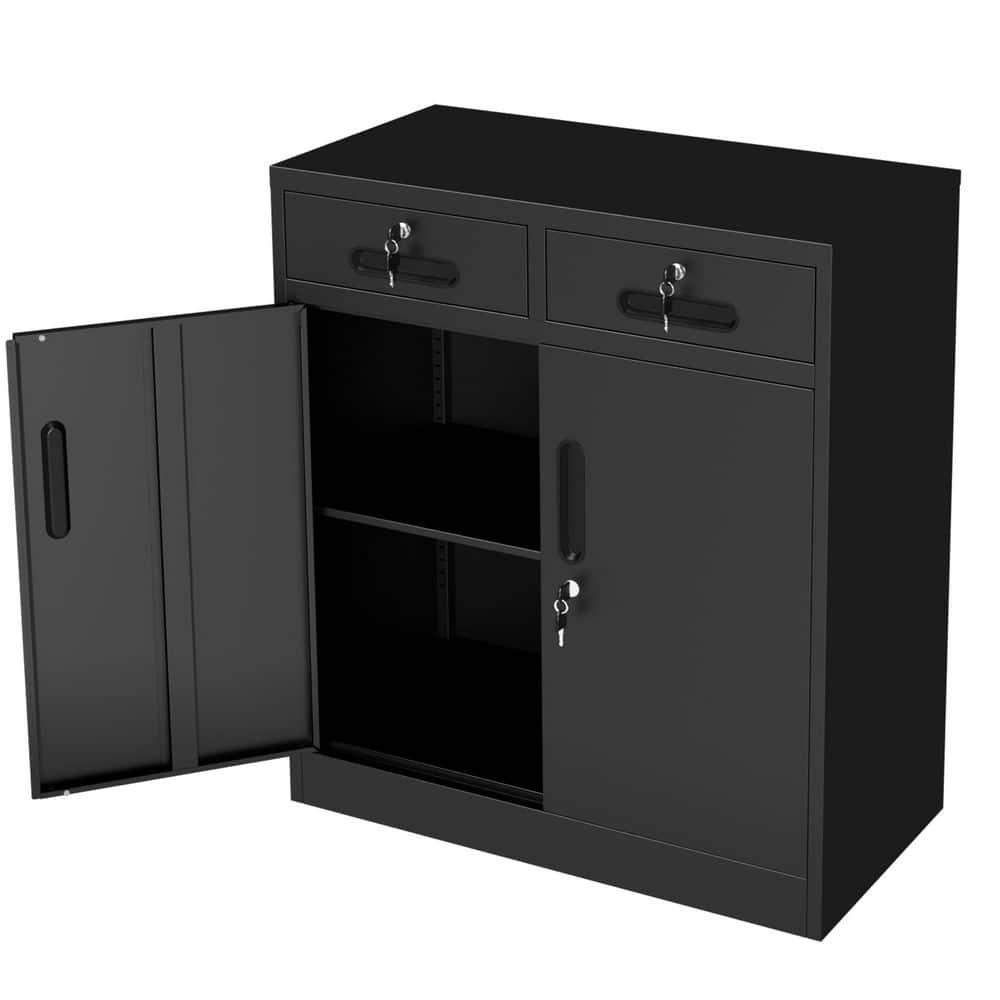 Lockable Steel File Cabinet with Drawers and Adjustable Shelf, Black