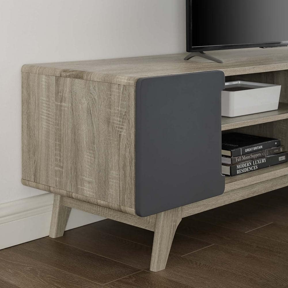 Natural Gray 70" Mid-Century Modern TV Stand with Cabinets
