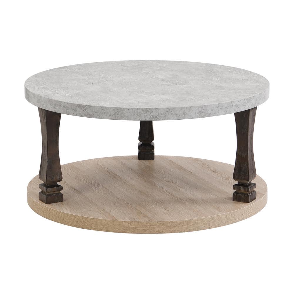 Light Grey Natural Solid Wood MDF Round Outdoor Coffee Table with 2-Tier St