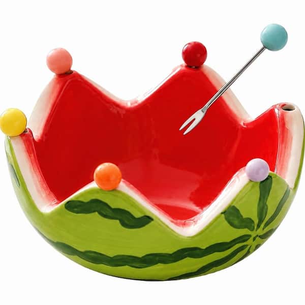 Watermelon Ceramic Fruit Bowl with 6 Stainless Steel Forks Serving Tray 7 in. x 5.5 in. x 3.5 in. Shaped