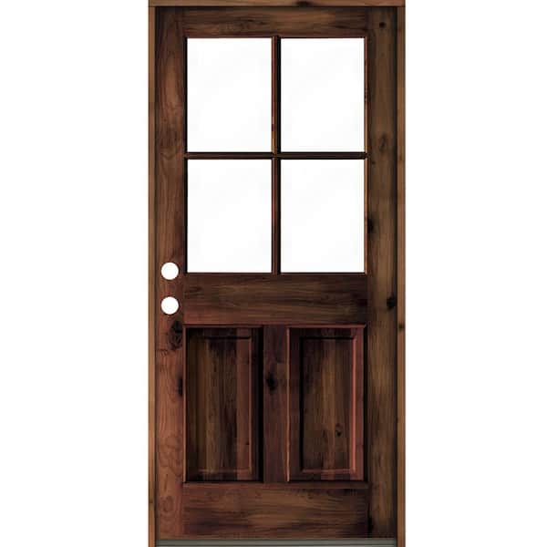 Krosswood Doors 32 in. x 80 in. Knotty Alder Right-Hand/Inswing 4-Lite Clear Glass Red Mahogany Stain Wood Prehung Front Door