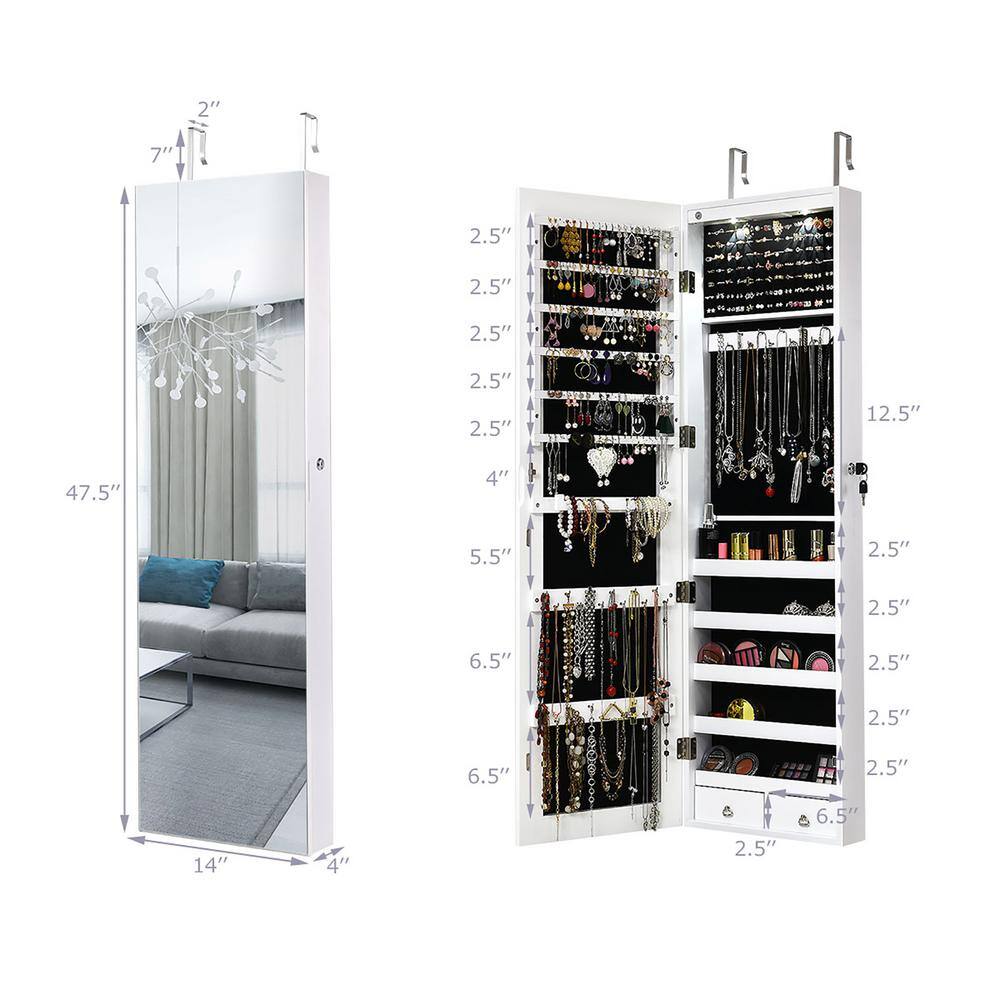 Elegant White Wall-Mounted Mirrored Jewelry Cabinet with LED Lights