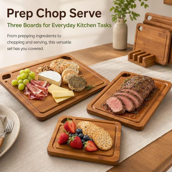 Numhew 3-Piece Bamboo Cutting Boards with Wood Storage Stand