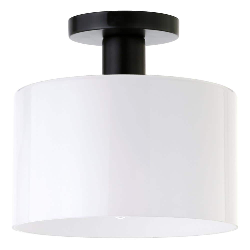 Henri 10" Matte Black Semi Flush Mount with White Glass Drum Shade