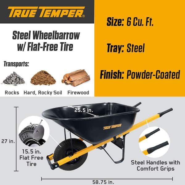 6 cu. ft. Barrow in a Box Steel Powered Wheelbarrow with Steel Handles, Comfort Grips, and Flat Free Tire