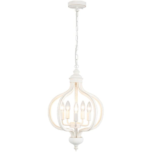 15.74 in. 5-Light Vintage White Cage Design Chandelier with Metal Shade and No Bulbs Included For Foyer Dinning Room