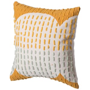16 in. x 16 in. Mustard Handwoven Cotton Throw Pillow Cover with Ribbed Line Dots and Wave Border with Filler