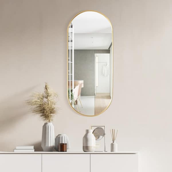 Miajadas 19.7 in. W x 45 in. H Oval Aluminum Framed Wall Bathroom Vanity Mirror in Gold